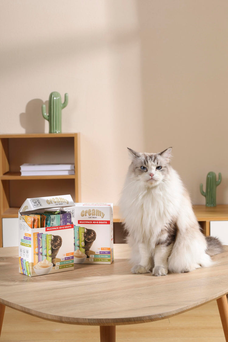 M-PETS Creamy Treats for Cats Multipack 40 + 8 Gratis (Crab x12, Salmon x12, Cod & Beef x12, Tuna & Shrimp x12) – 48x15g (720g)