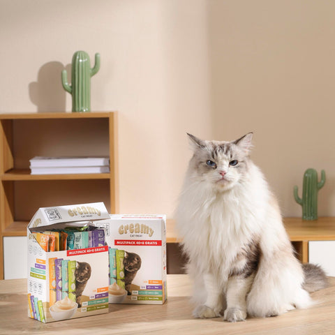 M-PETS Creamy Treats for Cats Multipack 40 + 8 Gratis (Crab x12, Salmon x12, Cod & Beef x12, Tuna & Shrimp x12) – 48x15g (720g)