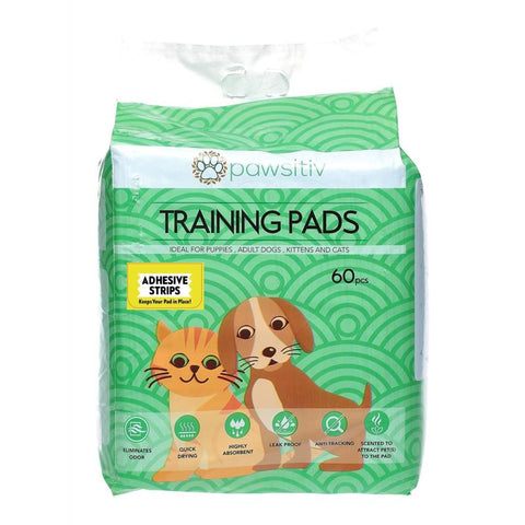 Pawsitiv Multifunctional Training and Pee Pads For Puppy, Kitten, Dog and Cat with ADHESIVE STRIPS - 60pcs Unscented