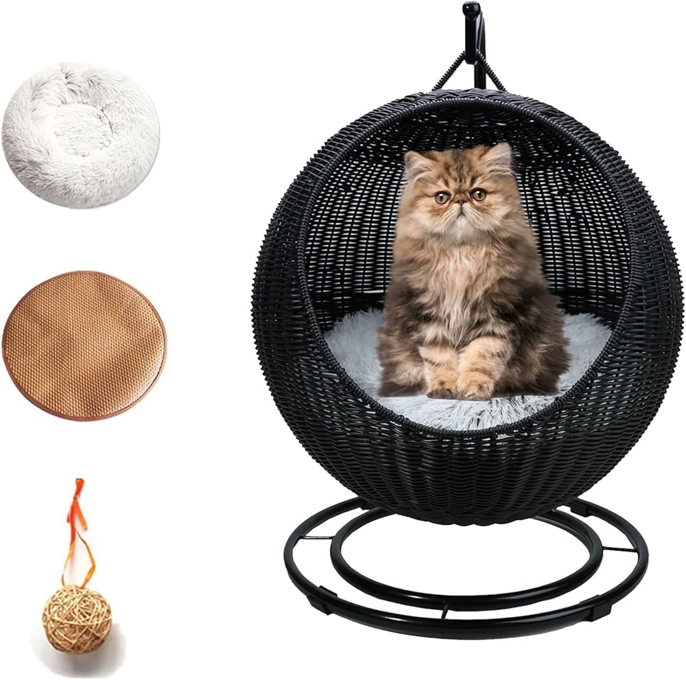 Cat Hammock, Hand Made Cat Swing Bed with Soft Cushion Cool Mat and Hanging Ball Toy