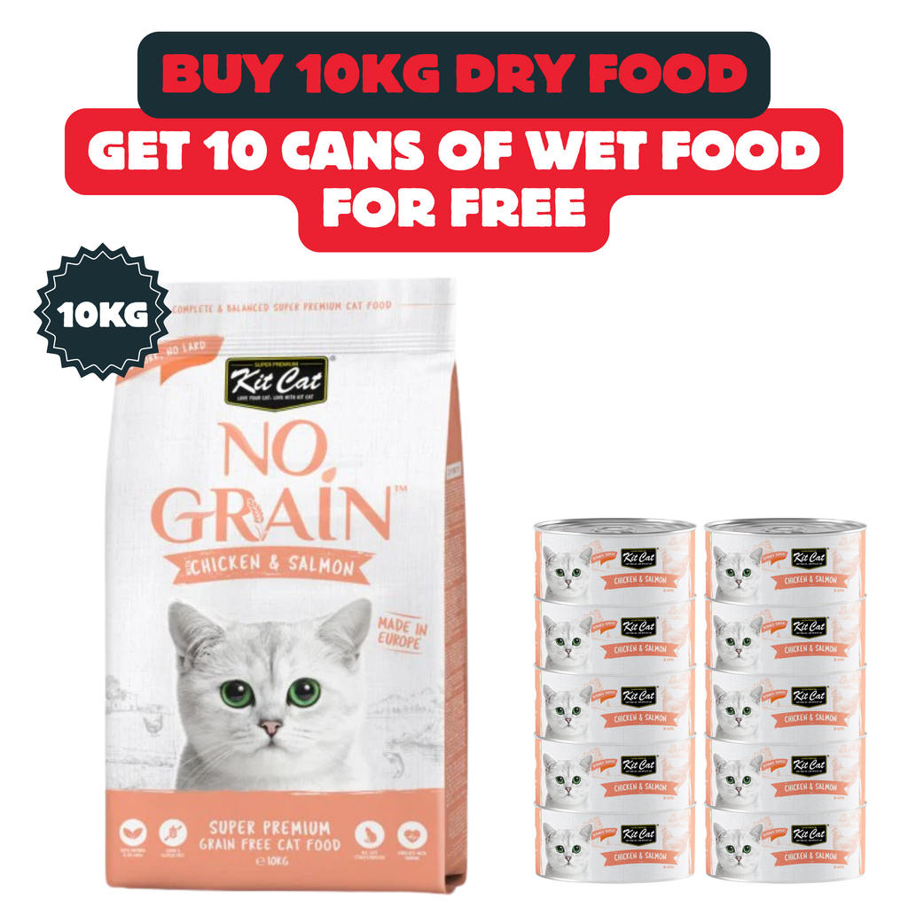 Buy One 10kg Kit Cat No Grain Chicken And Salmon & Get 10 Tins Of Wet Food For Free