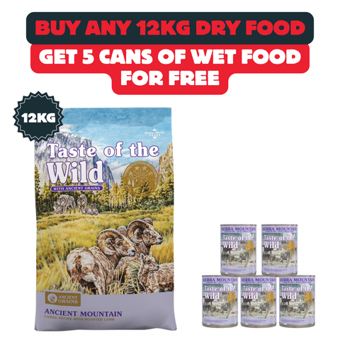 Buy 12kg Of Ancient Mountain Dry Food From Taste Of The Wild And Get 5 Cans Of Wet-Food Free