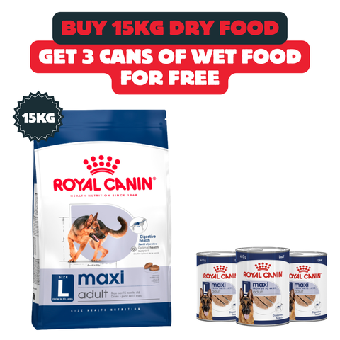 Buy 15 Kg Royal Canin Maxi Adult Dry Food And Get 3 Cans/Box Of Wet Food For Free