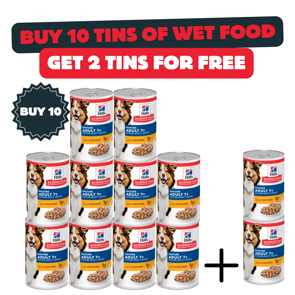 Buy 10 Cans Of HILL’S SCIENCE PLAN Mature Adult 7+ Dog Food with Chicken And Get 2 Cans For Free
