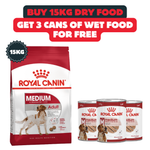 Buy 15kg Of Royal Canin Medium Ault Dry Food And Get 3 Cans/Box Of Wet Food For Free