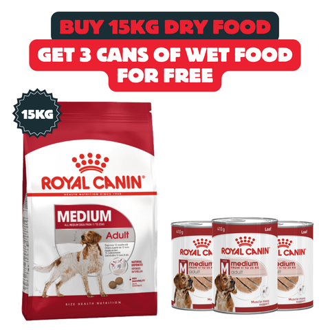 Buy 15kg Of Royal Canin Medium Ault Dry Food And Get 3 Cans/Box Of Wet Food For Free