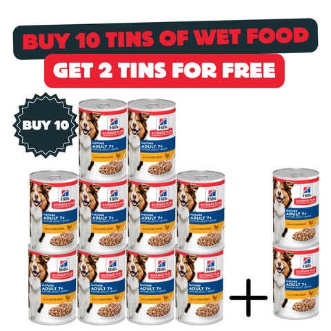 Buy 10 Cans Of HILL’S SCIENCE PLAN Mature Adult 7+ Dog Food with Chicken And Get 2 Cans For Free