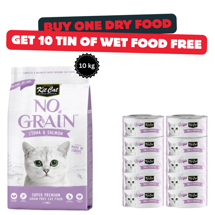 Buy One 10kg Kit Cat No Grain Tuna And Salmon & Get 10 Tins Of Wet Food For Free