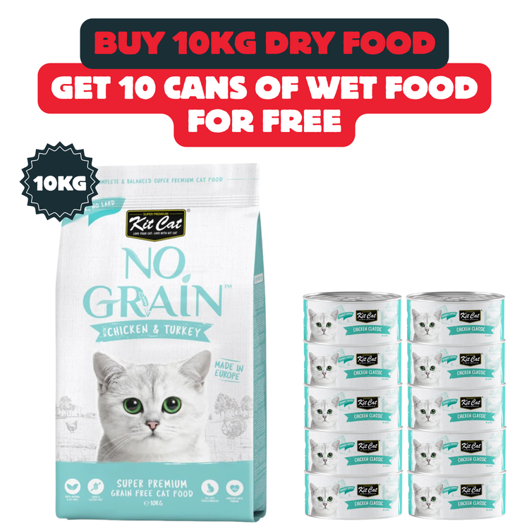 Buy One 10kg Kit Cat No Grain Chicken And Turkey + 10 Tins Of Wet Food For Free
