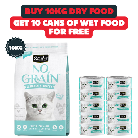 Buy One 10kg Kit Cat No Grain Chicken And Turkey + 10 Tins Of Wet Food For Free