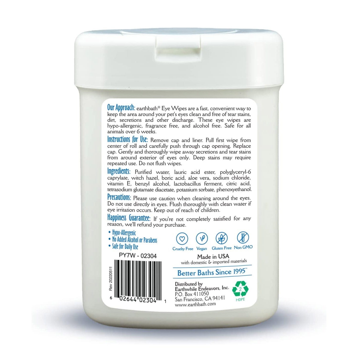 earthbath® Eye Wipes, Hypo-Allergenic Fragrance Free for Dogs, Cats, Puppies & Kittens, 25 ct re-sealable container - 0