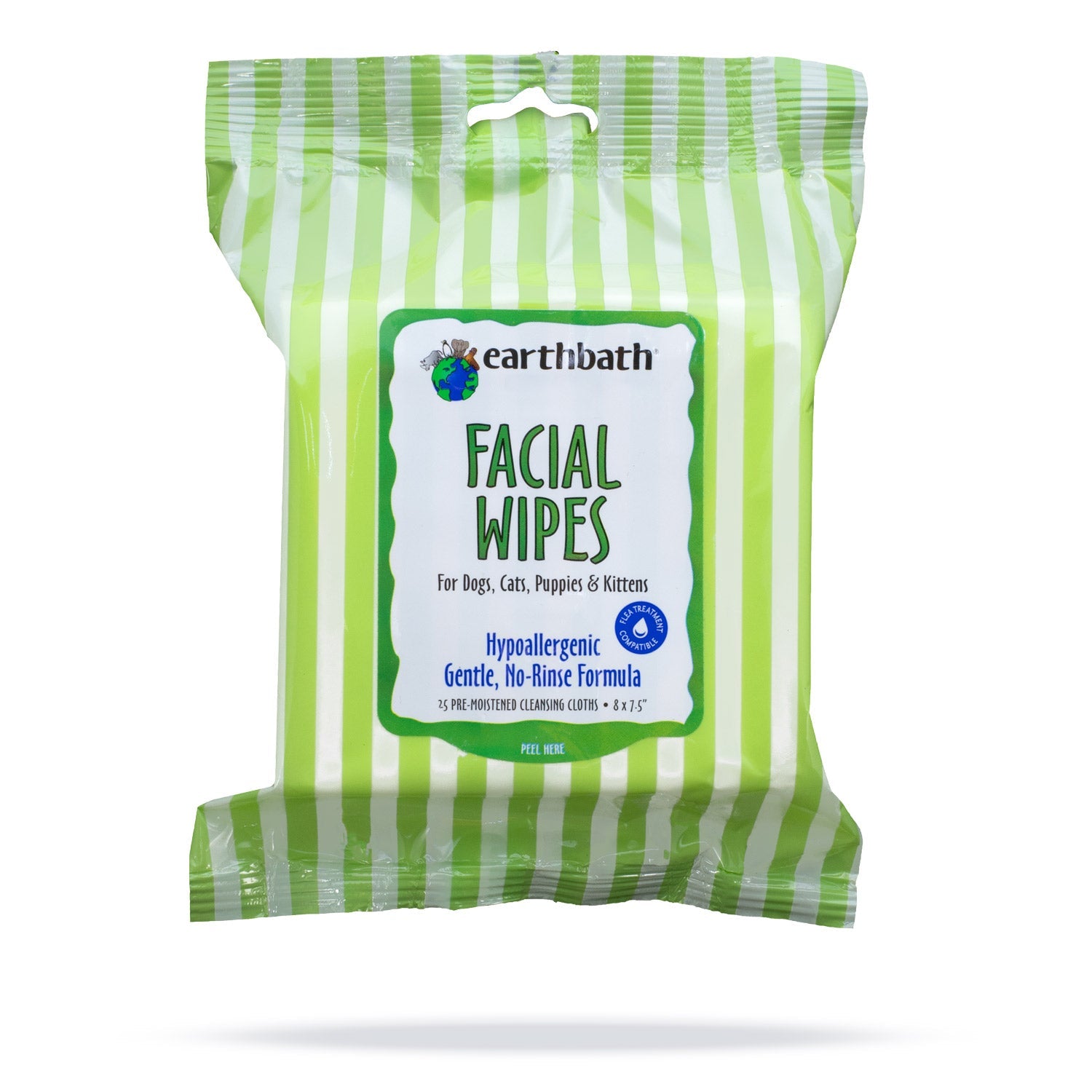 earthbathÂ® Facial Wipes, Hypo-Allergenic Cucumber Melon for Dogs, Cats, Puppies & Kittens, 25 ct re-sealable package