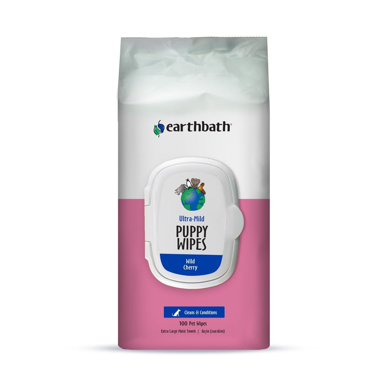 earthbathÂ® Ultra-Mild Puppy Wipes, Wild Cherry, Cleans & Conditions, 100 ct plant-based wipes in re-sealable pouch