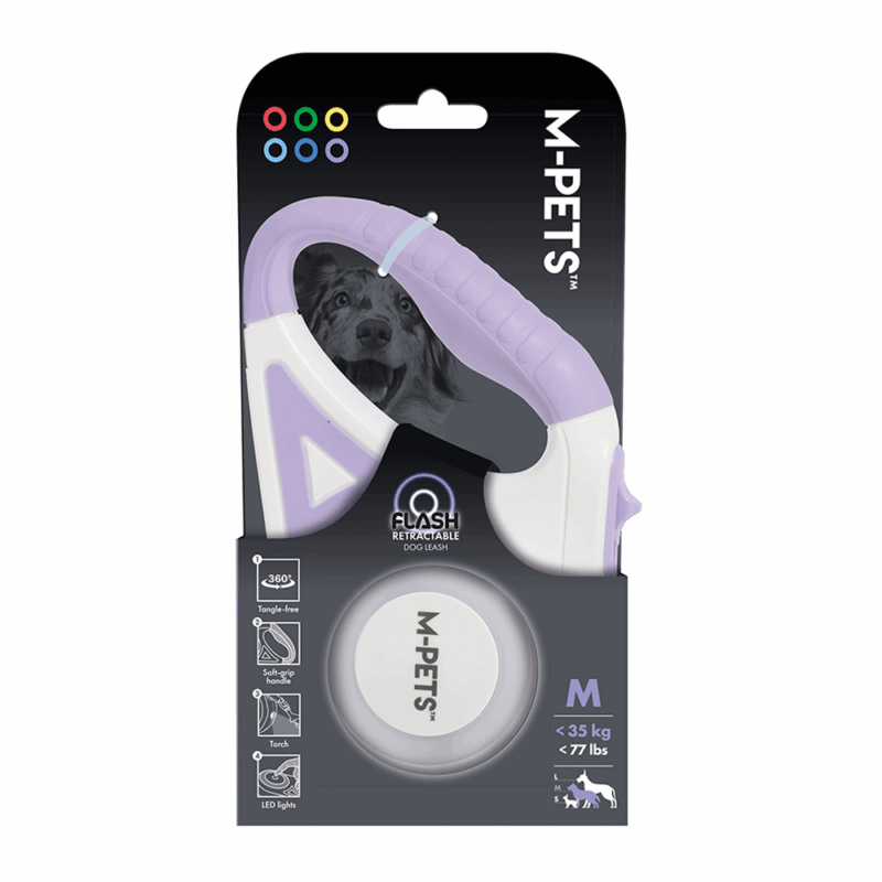 M-PETS Flash Retractable Leash White & Purple M